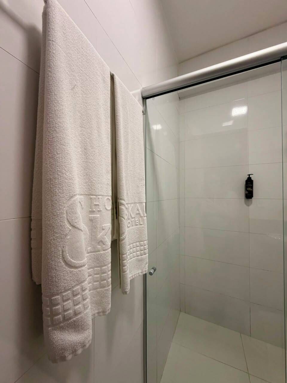 A glass-enclosed shower area with a white tiled wall and a towel rack with two towels.