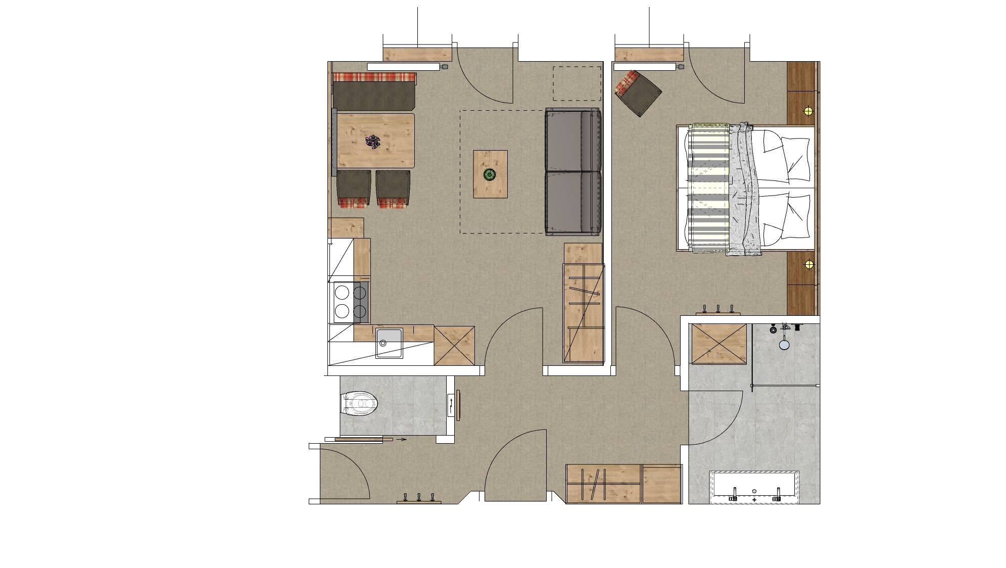A floor plan of a hotel room with a kitchenette, a dining area, a bathroom, and a small sitting area.