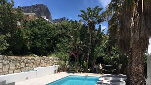 Una piscina rectangular con agua cristalina azul, rodeada por un muro de piedra y abundante vegetación, incluyendo palmeras y diversas plantas.