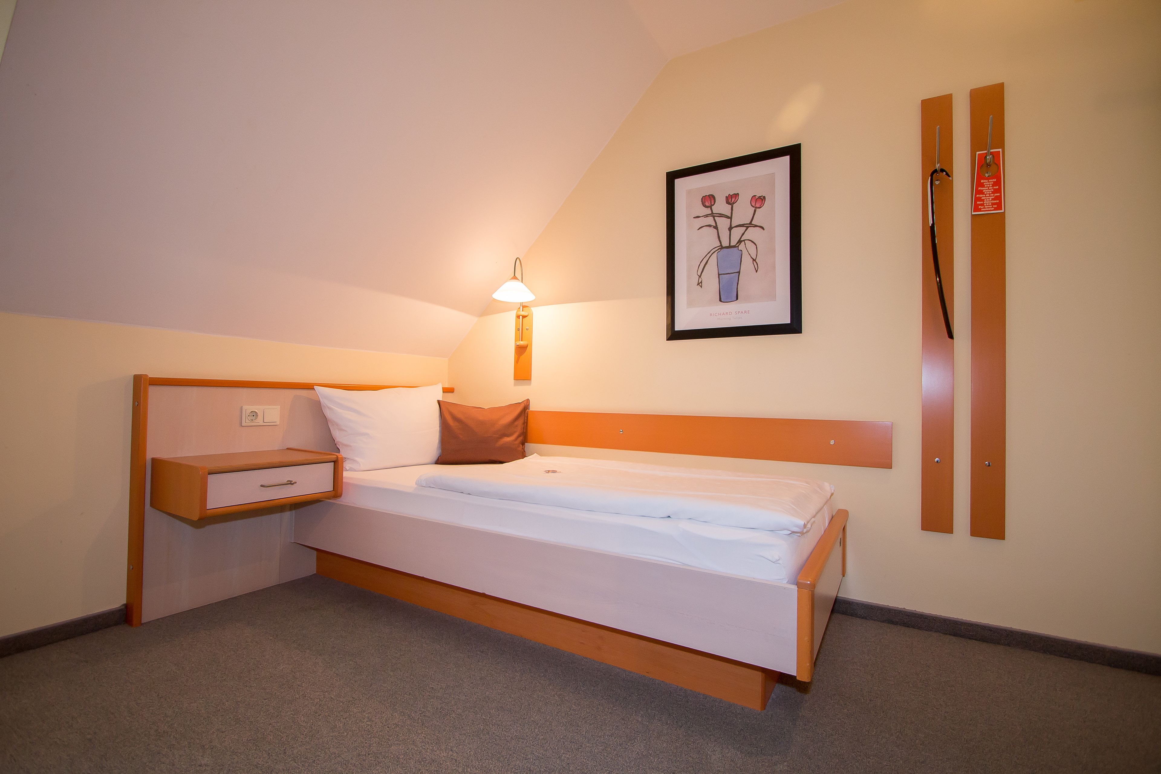 A single bed with a wooden headboard, a bedside table with a drawer, a wall-mounted lamp, and a framed picture of flowers.