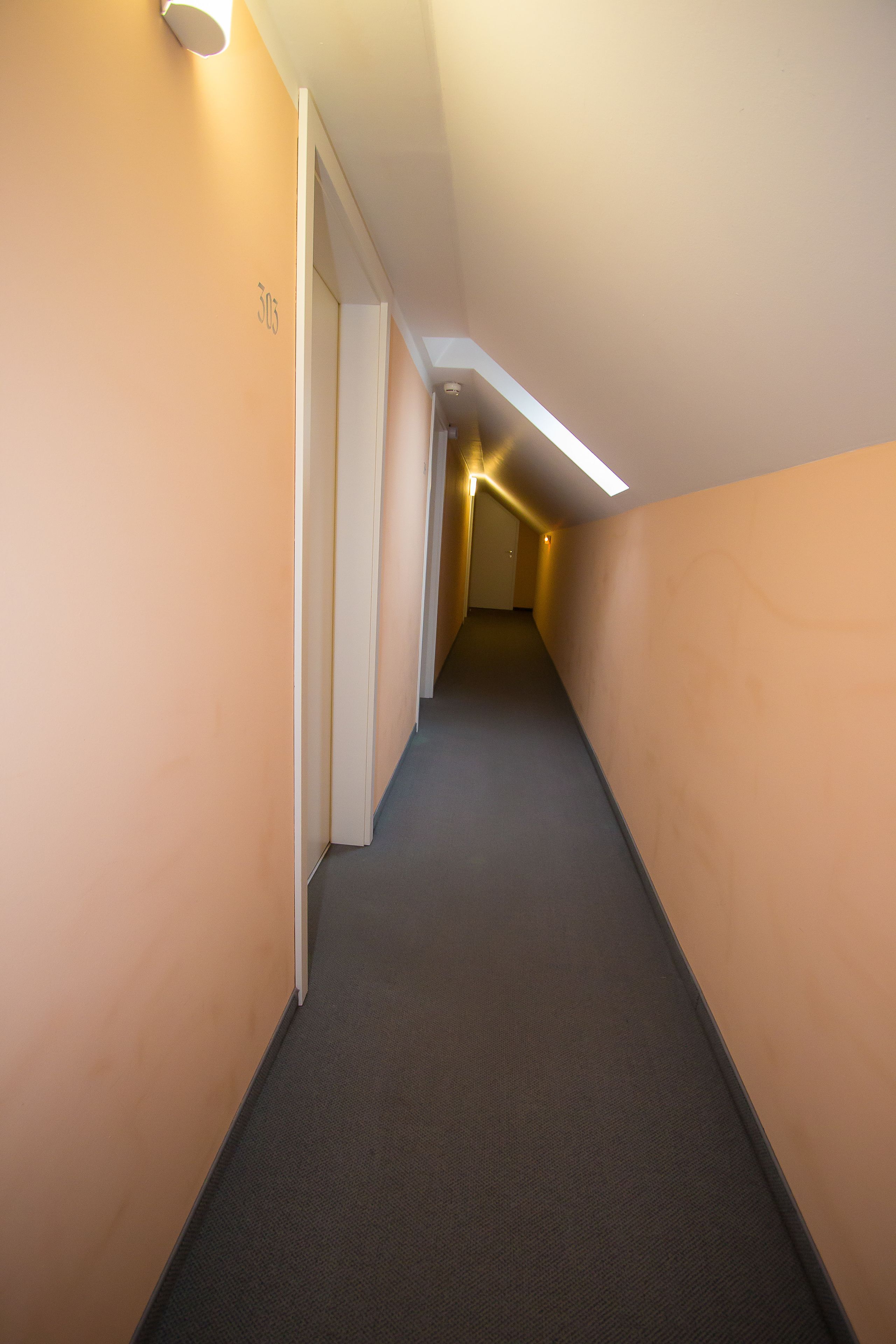 A narrow hallway with a carpeted floor and beige walls.