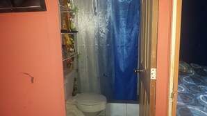 A small bathroom with a toilet, a shelf with toiletries, and a shower curtain.