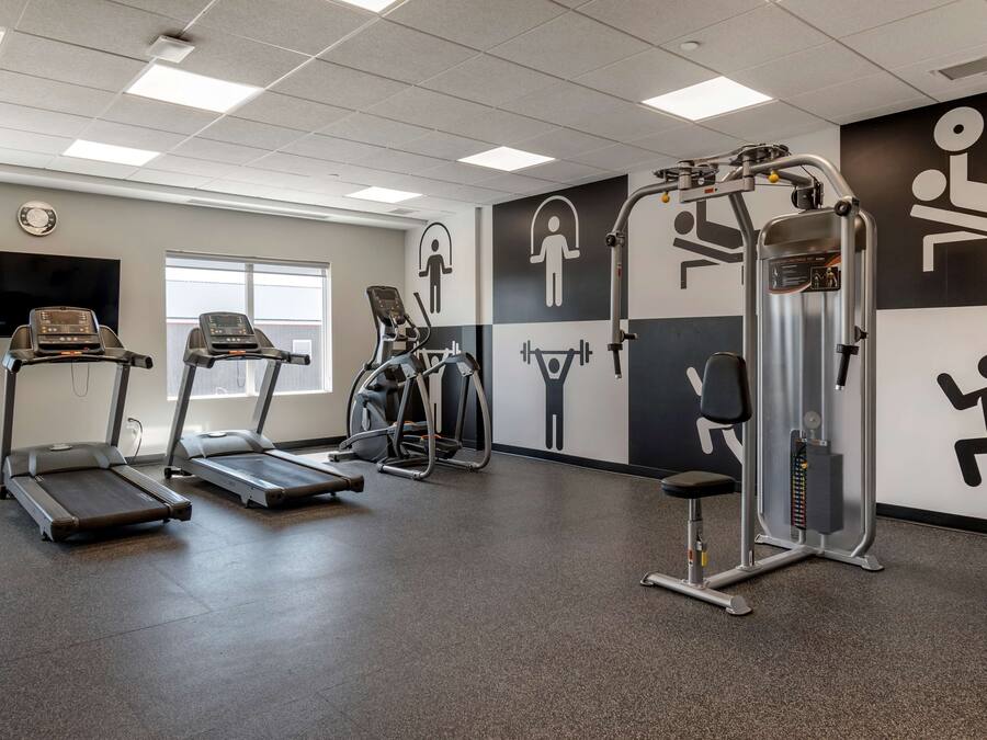 Un gimnasio con cintas de correr, elípticas y equipo de levantamiento de pesas.