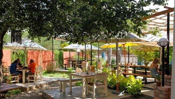Un espace extérieur aménagé en terrasse, avec des tables et des chaises, entouré de verdure et agrémenté de parasols.