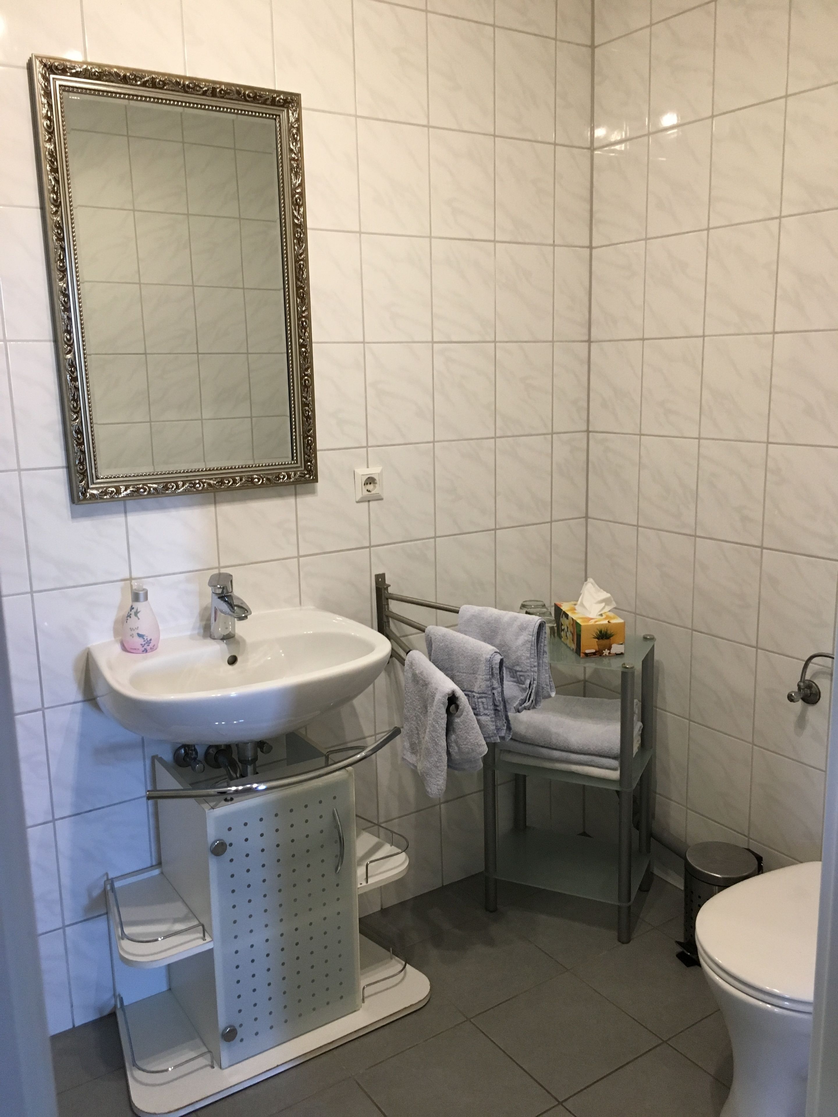 Basic-Vierbettzimmer | Badezimmer | Dusche, Handtücher, Seife, Toilettenpapier