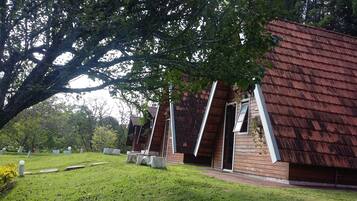 A rustic building with a sloped roof and a large tree in front.