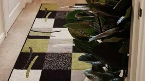 A hallway with a white door, a black and white checkered rug, and a potted plant on the right. - Lakeside Palace (Grays)
