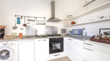 Fridge, stovetop, dishwasher, coffee/tea maker