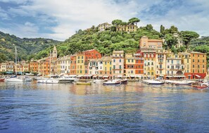 A coastal town with colorful buildings and boats docked along the waterfront. - S. Rocco dimora tra ulivi e M. (Zoagli)