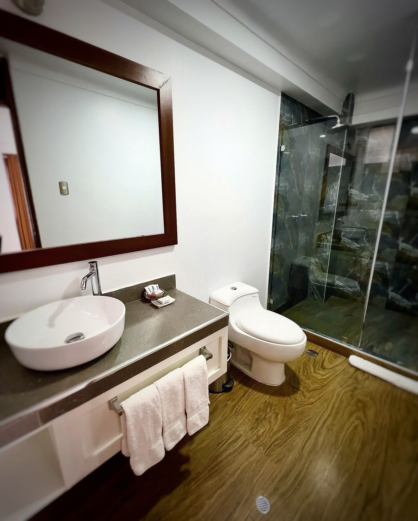 shower, rainfall showerhead, free toiletries, hair dryer