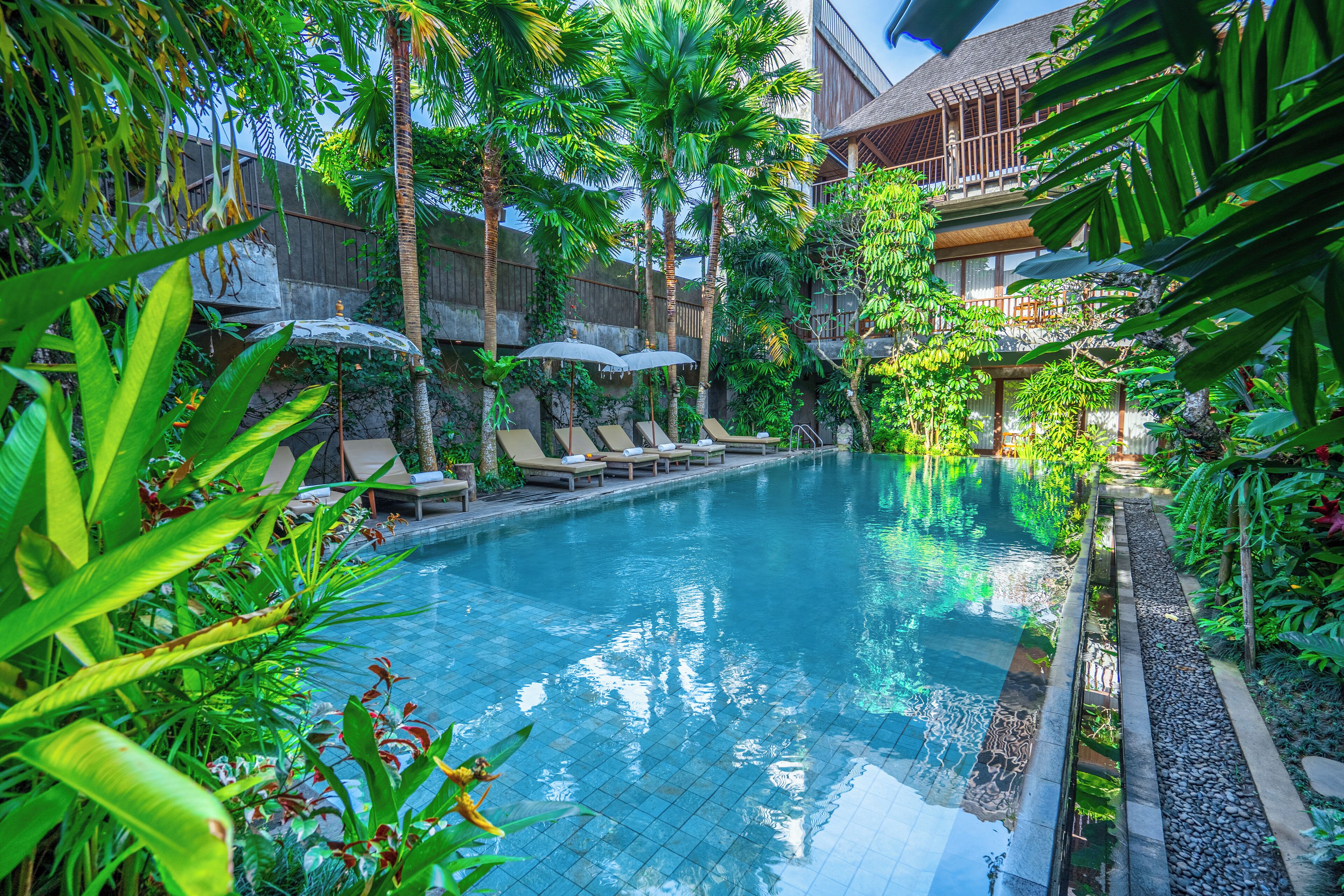 Utendørsbasseng, bassengparasoller og solsenger