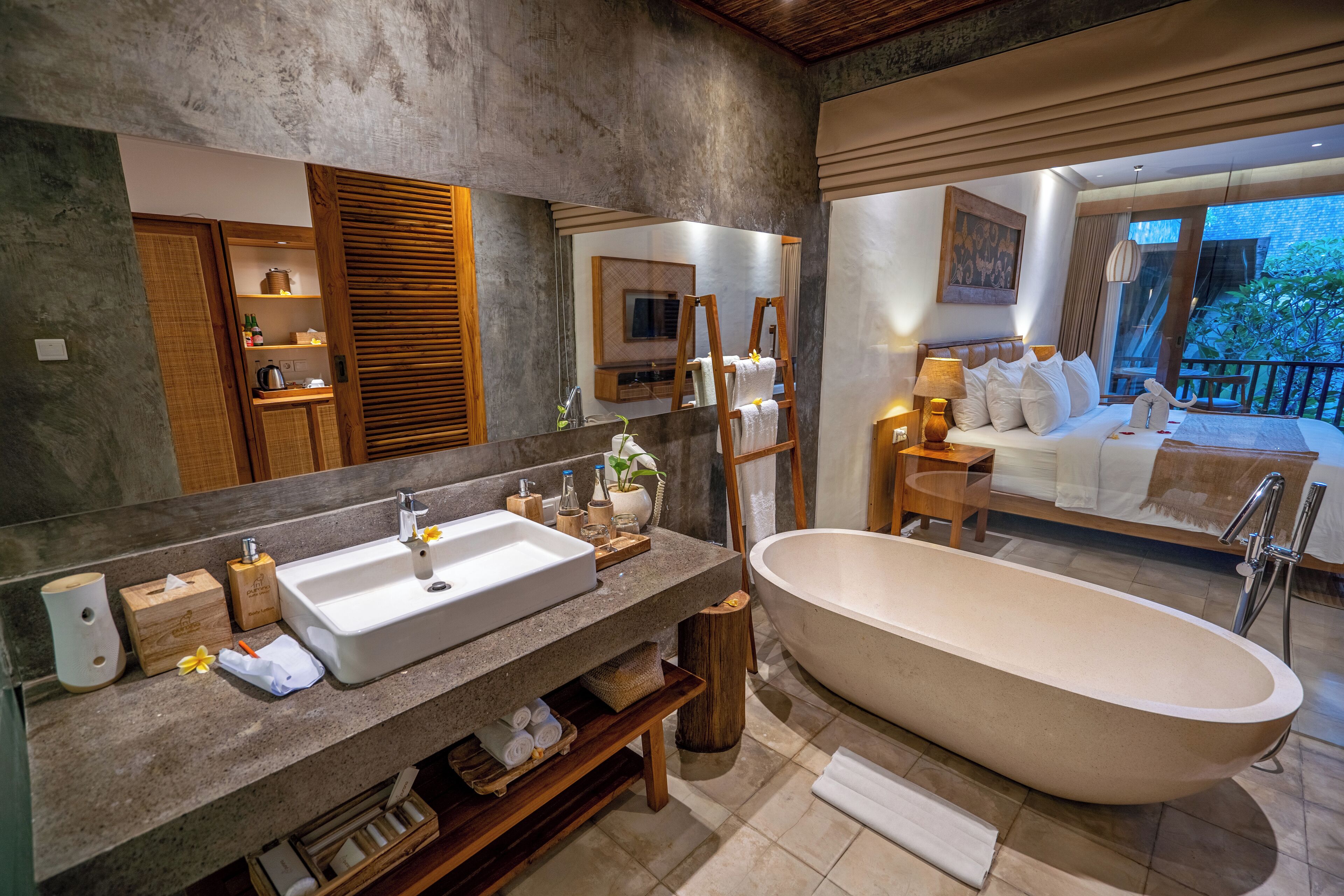 suite pool view | bathroom | shower, spring water bathtub, rainfall showerhead, free toiletries