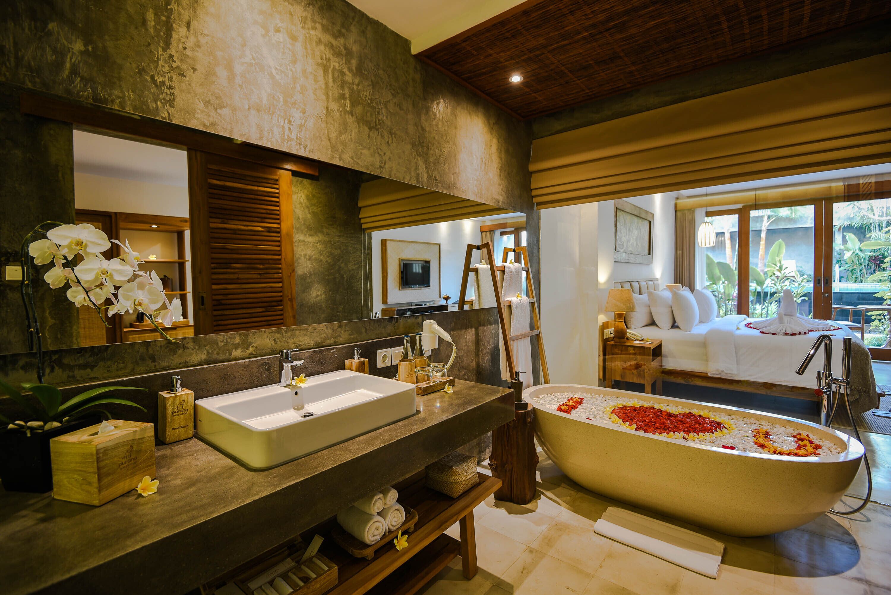 suite pool access | bathroom | shower, spring water bathtub, rainfall showerhead, free toiletries