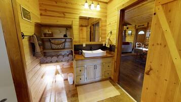 Cabin (Africa Decorated Cabin, Hi Speed Wire) | Bathroom amenities | Shower, hair dryer, towels, soap