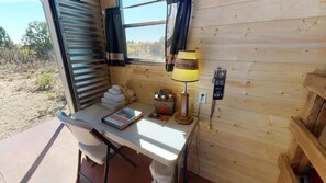 Cabin (Glamour Camping Cabin, All Linens, Ho) | Desk, laptop workspace