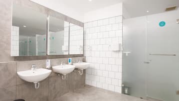 Shower, hair dryer, slippers, towels