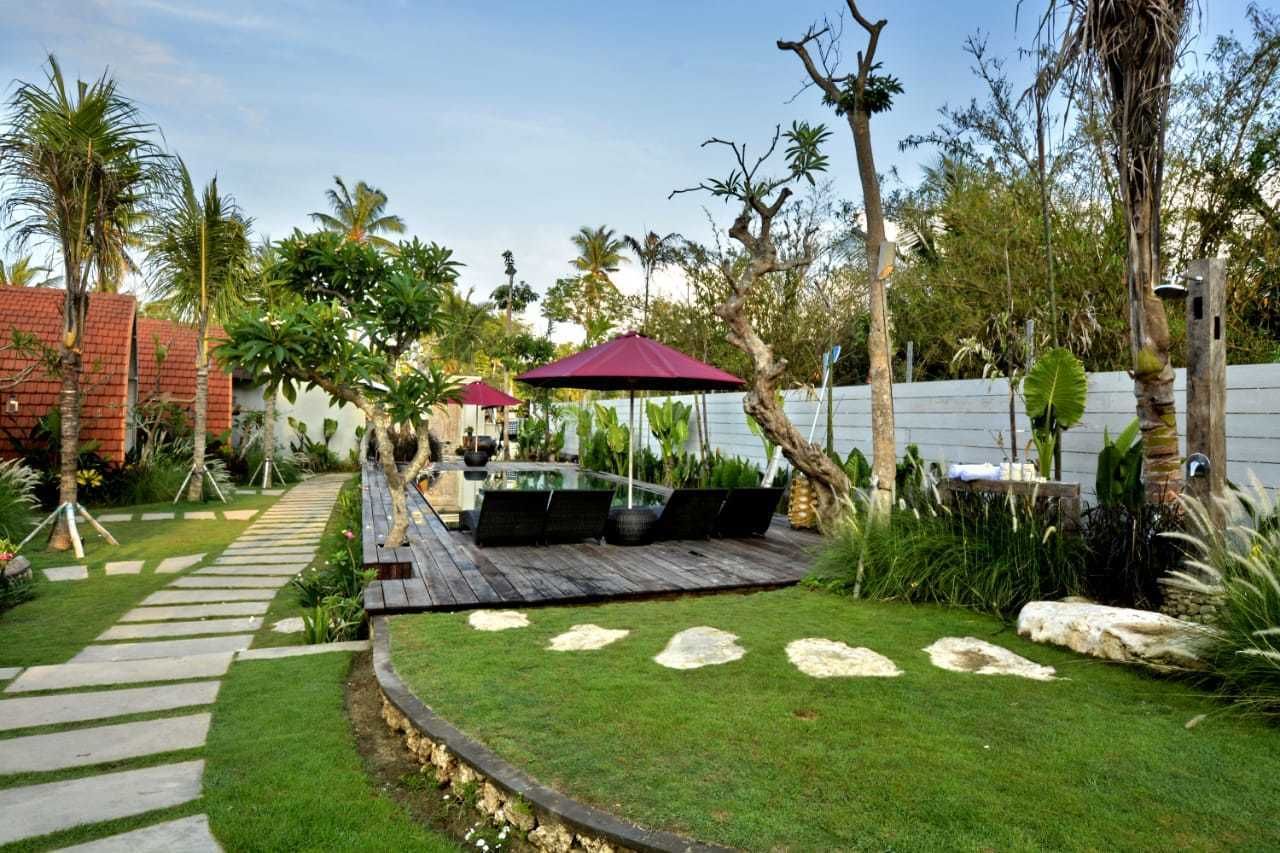 A garden with a wooden deck, outdoor seating, and palm trees.