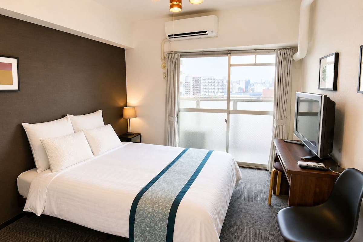 Habitación de hotel con cama, escritorio con televisor, una silla, aire acondicionado y ventana con vistas a edificios.