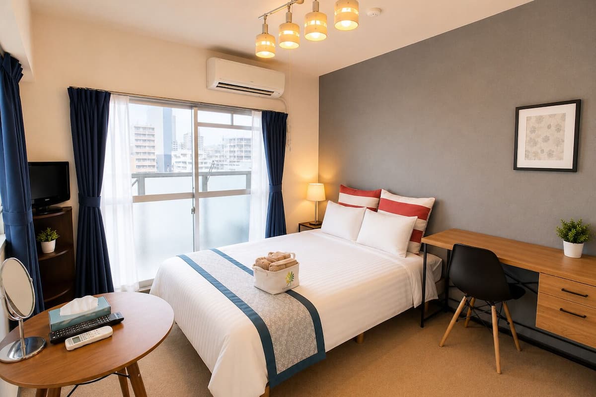 Habitación de hotel con cama, escritorio, silla, mesita de noche, lámpara, aire acondicionado y ventana con cortinas.