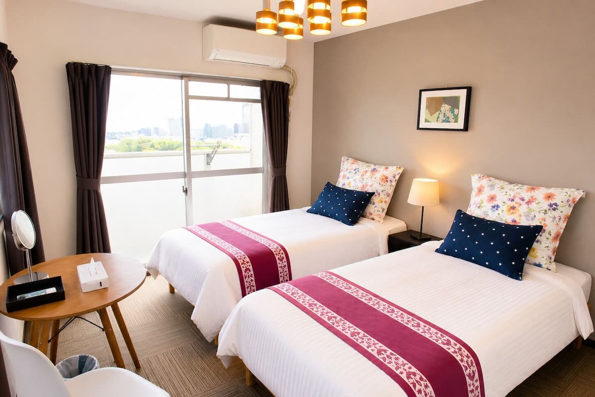 Habitación de hotel con dos camas, un escritorio, una silla, una ventana con cortinas, un cuadro en la pared y una lámpara en el techo.