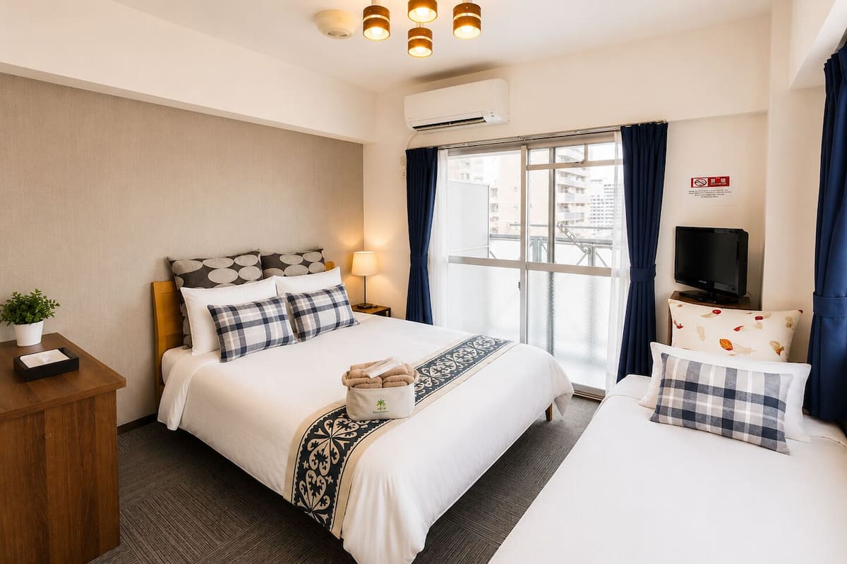 Habitación de hotel con cama, mesita de noche, lámpara, televisor y ventana con cortinas.