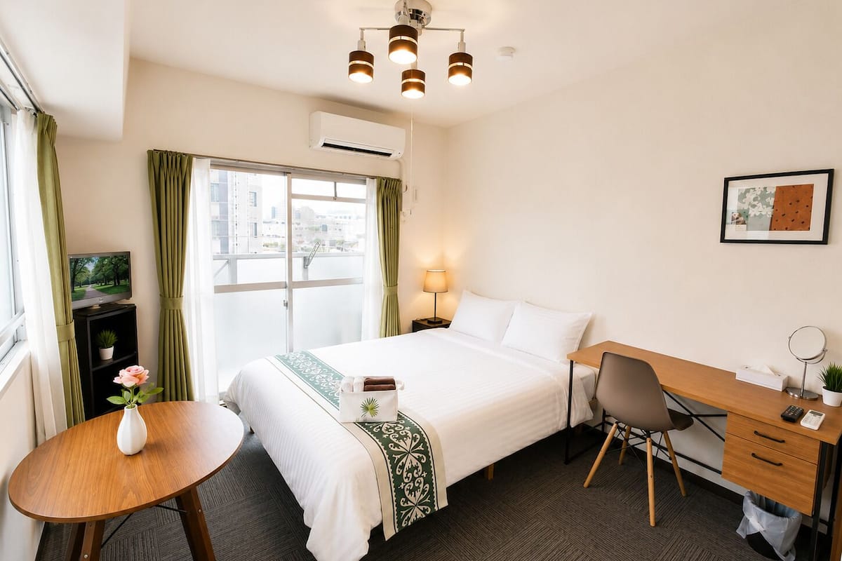 Habitación de hotel con cama, escritorio, silla, televisor y ventana con cortinas.