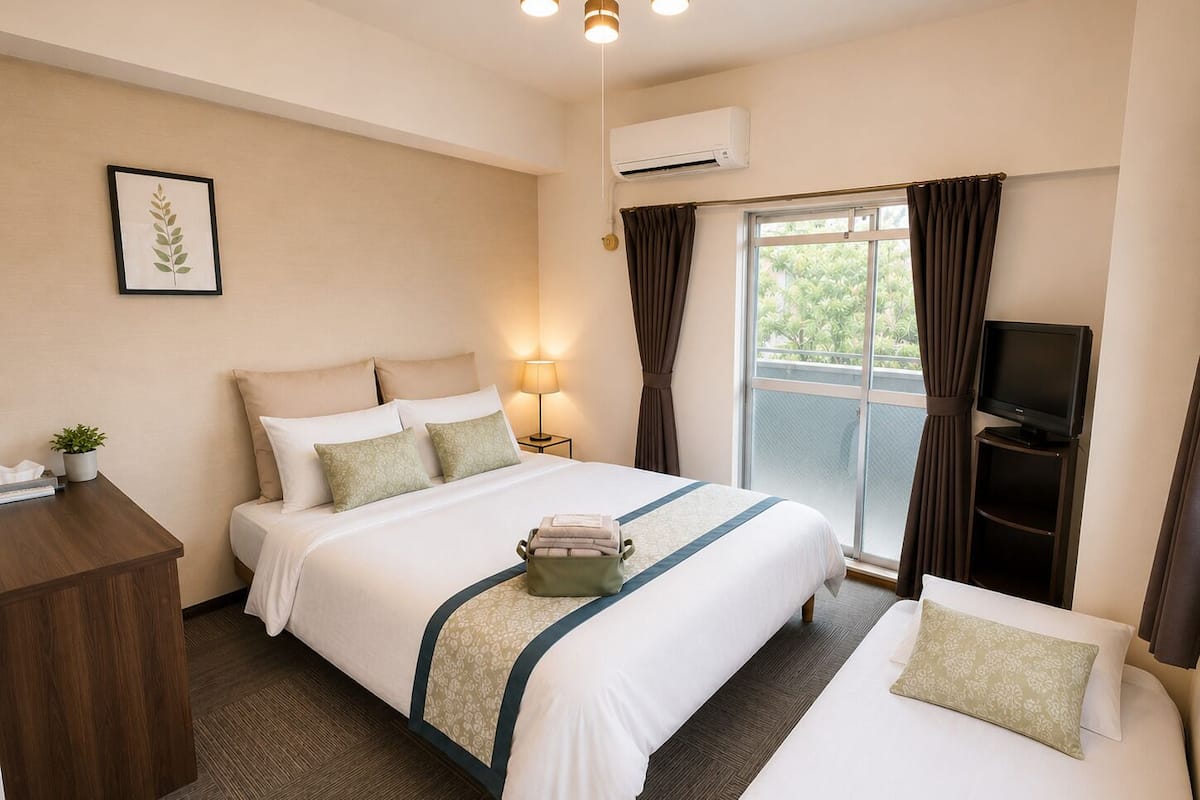 Habitación de hotel con cama, mesita de noche, lámpara, televisor y ventana con cortinas.