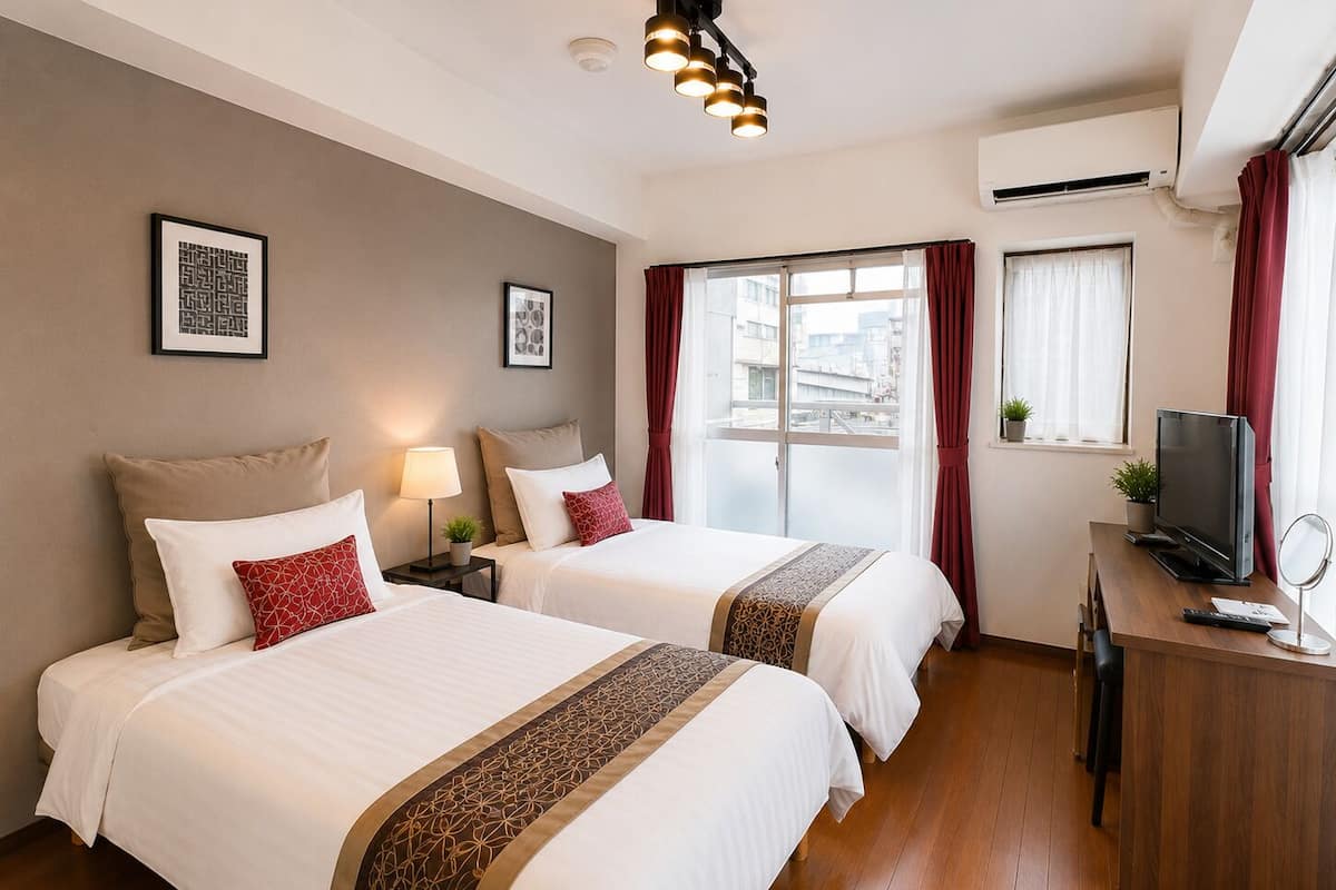 Una habitación de hotel con dos camas, un escritorio con televisor y una ventana con cortinas.