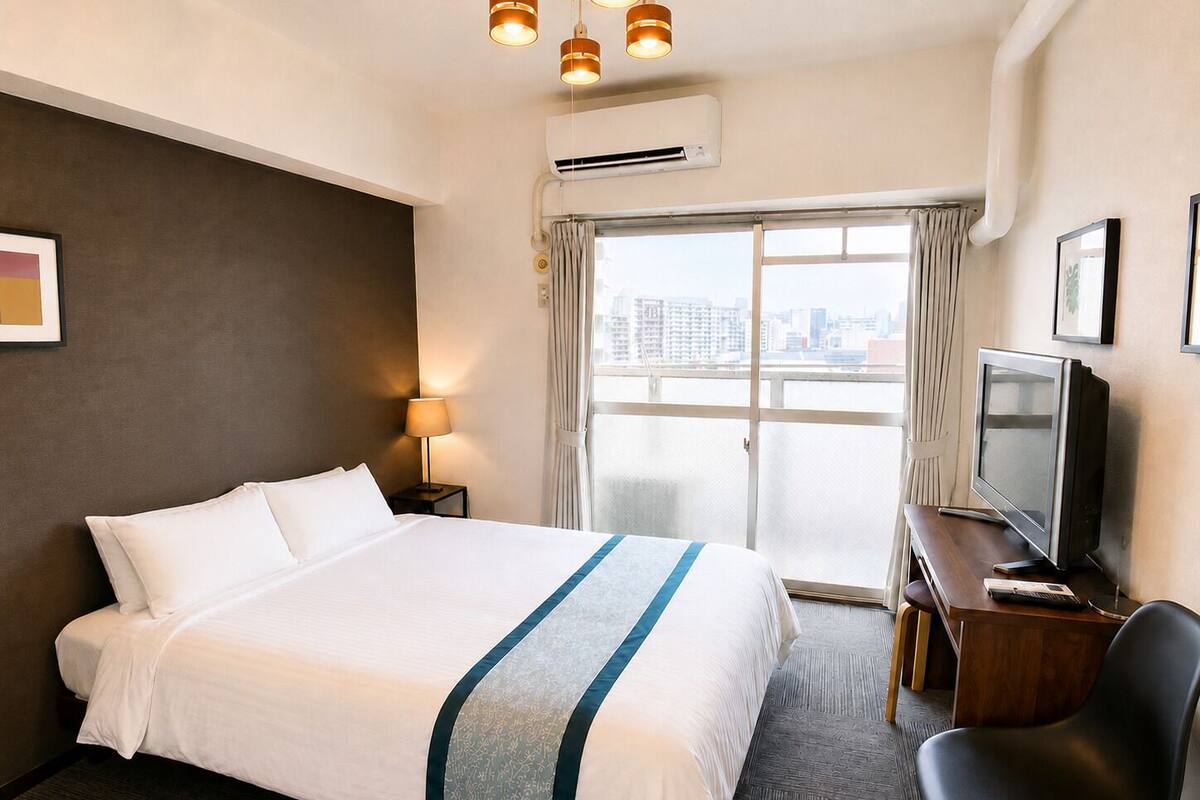Apartamento básico, 1 cama doble, balcón, vistas a la ciudad (1004) | 1 dormitorio, escritorio, tabla de planchar con plancha y wifi gratis