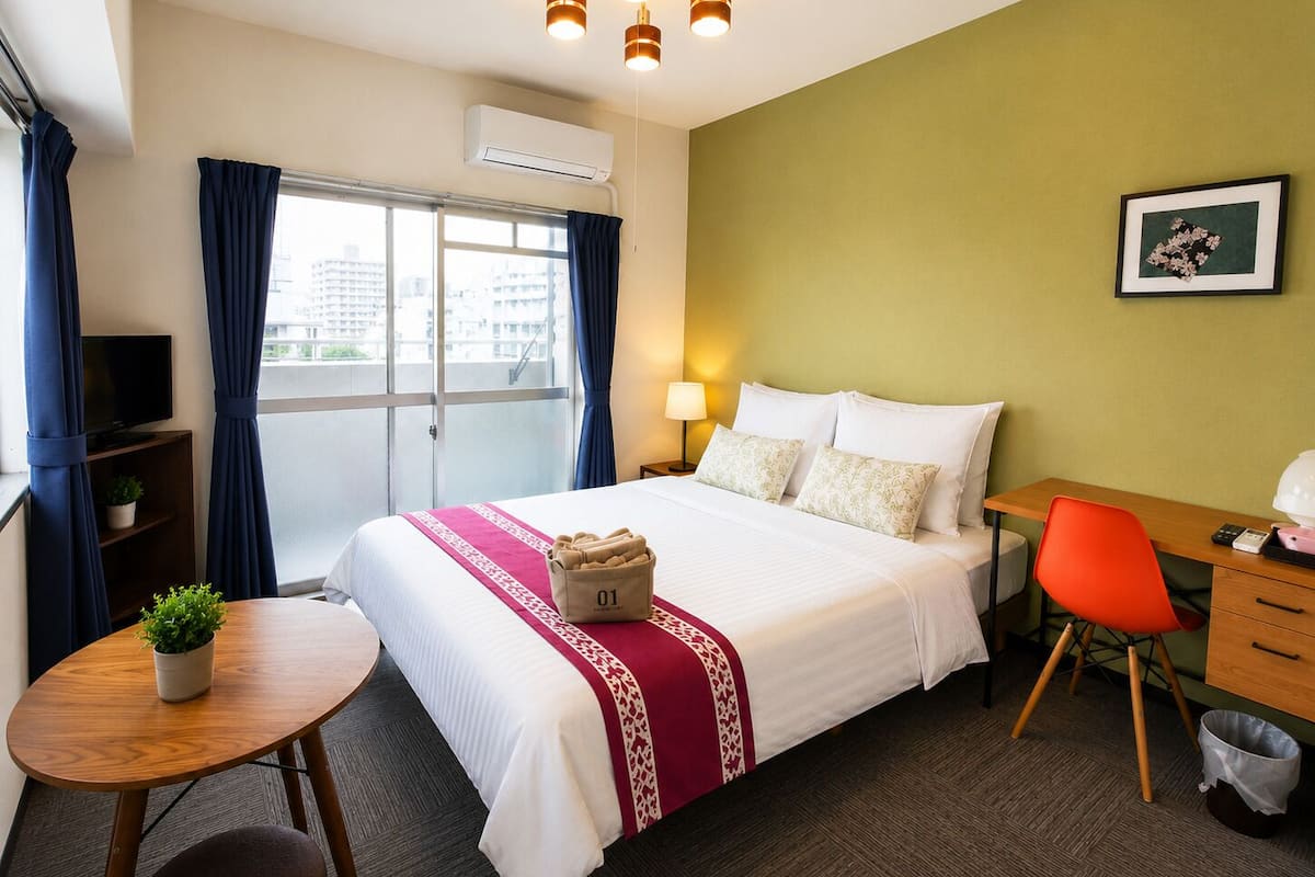 Habitación de hotel con cama, escritorio, silla, mesita con planta y ventana con cortinas.
