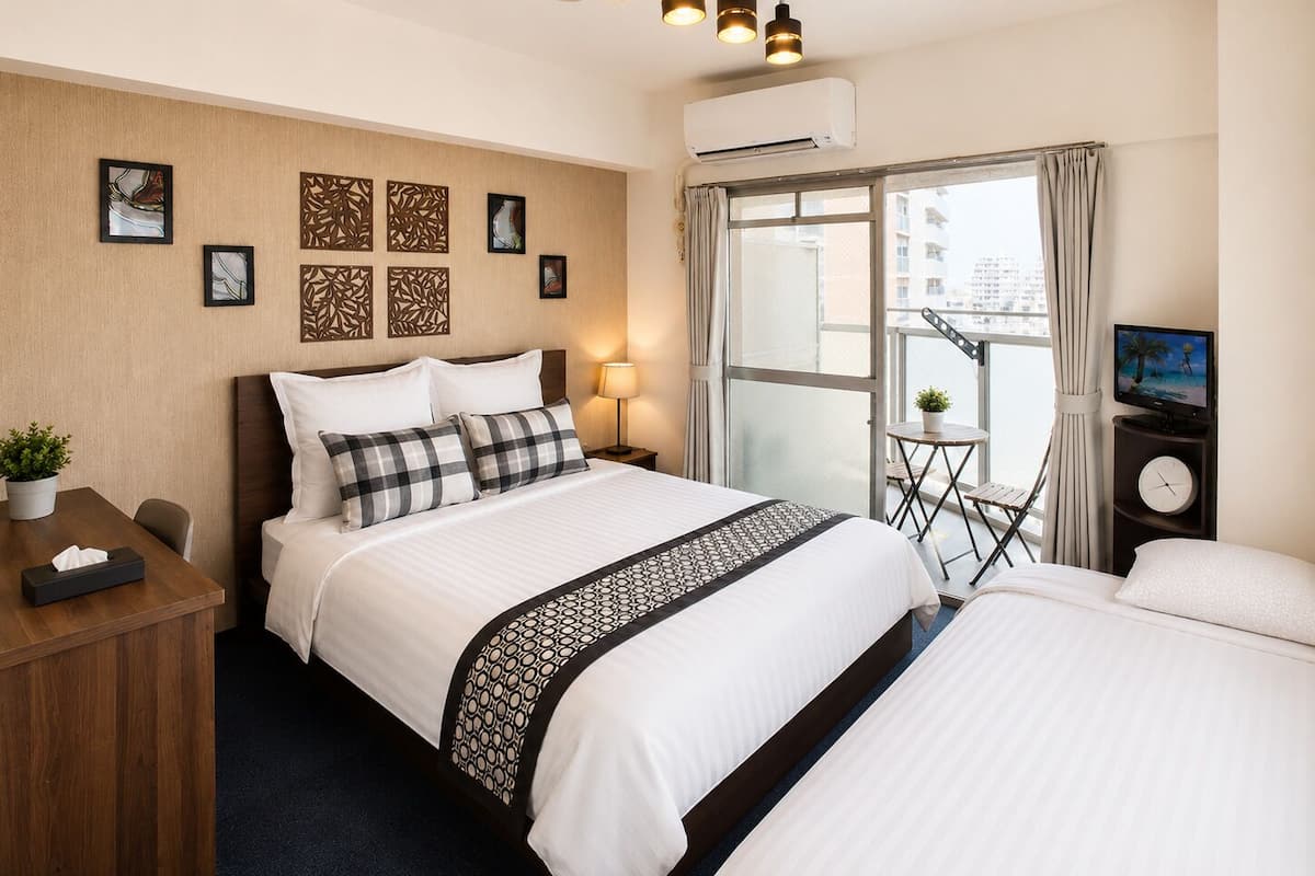 Habitación de hotel con cama, mesita de noche, lámpara, televisión y balcón con vistas.