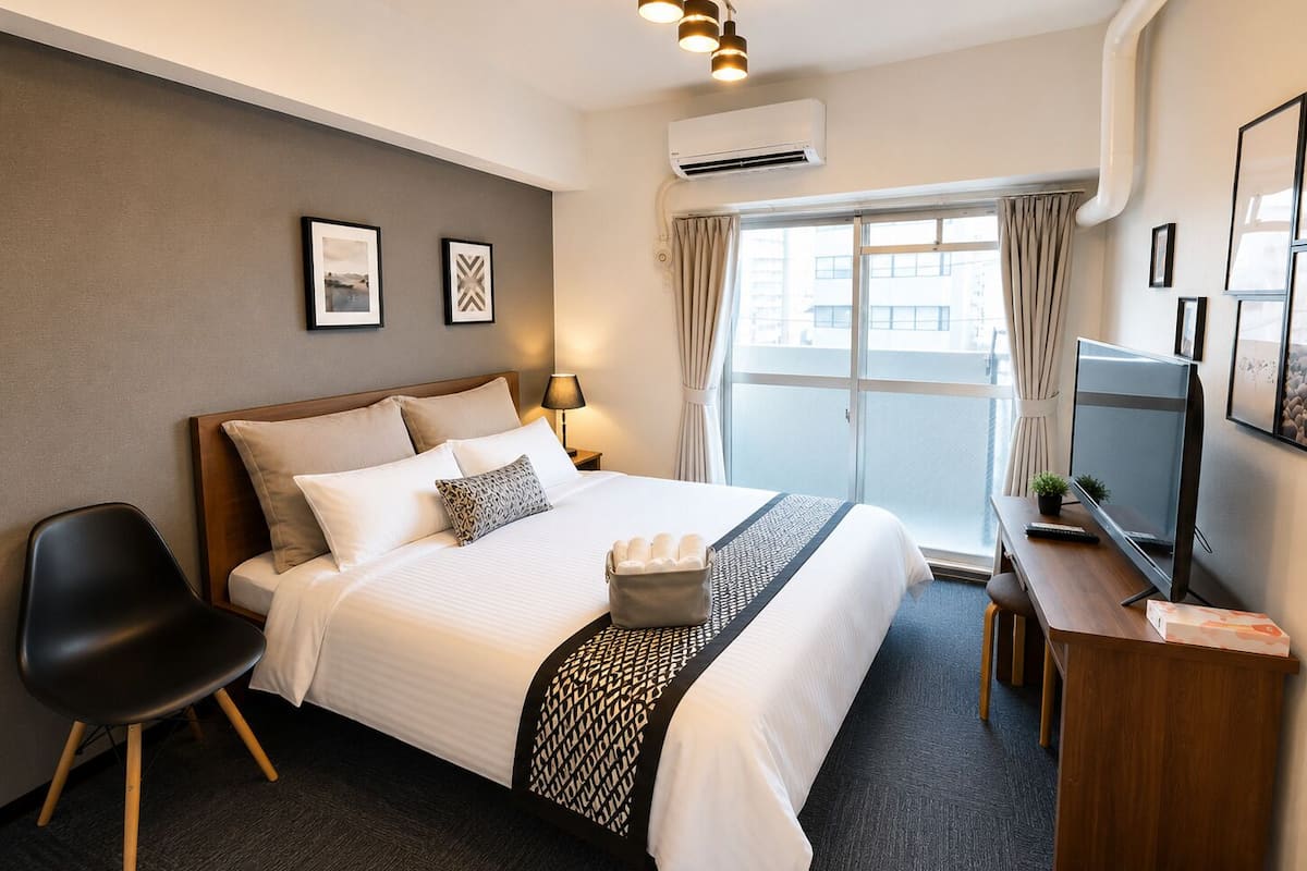 Una habitación de hotel con cama, escritorio con televisor, silla y ventana con cortinas.