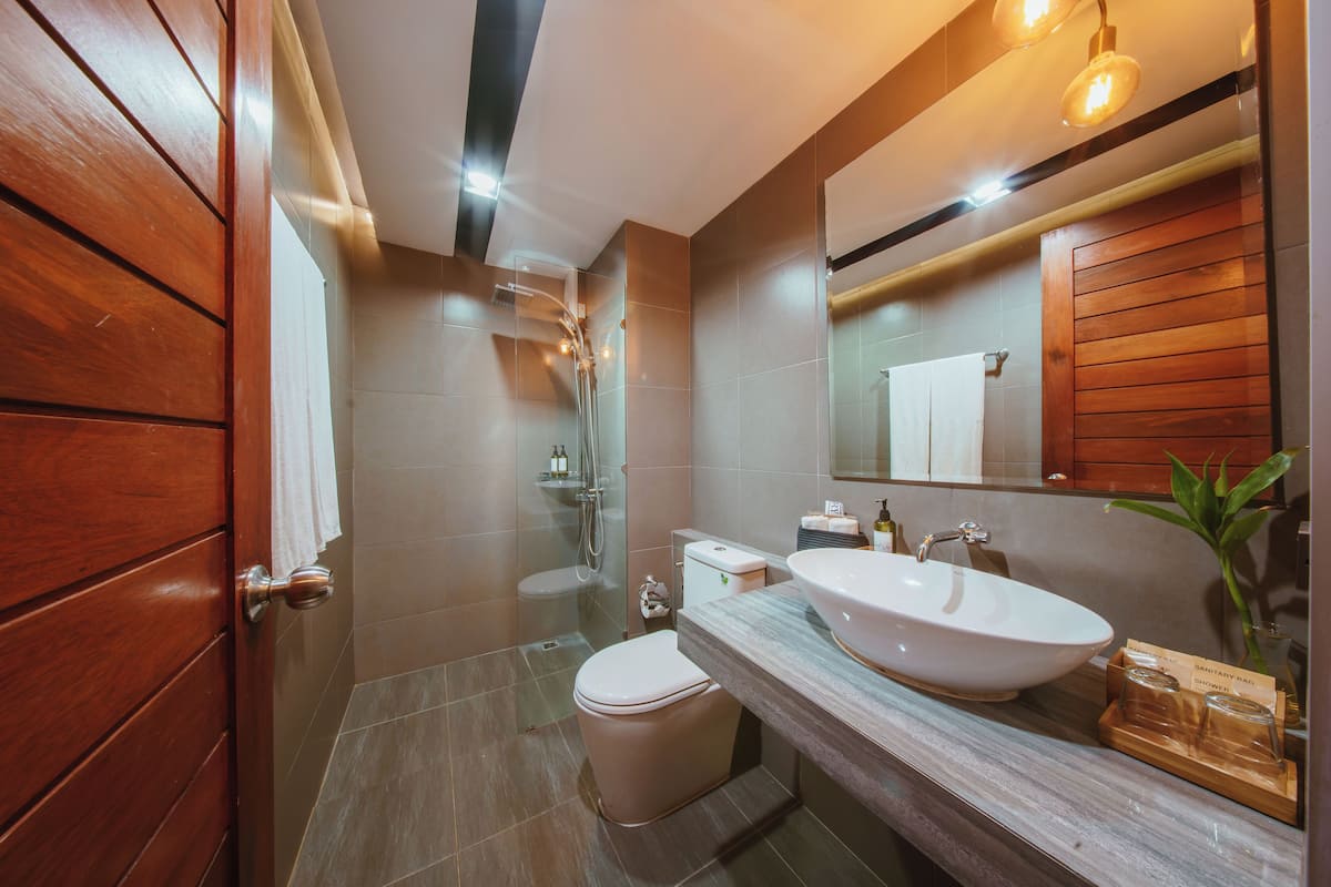 shower, rainfall showerhead, free toiletries, hair dryer