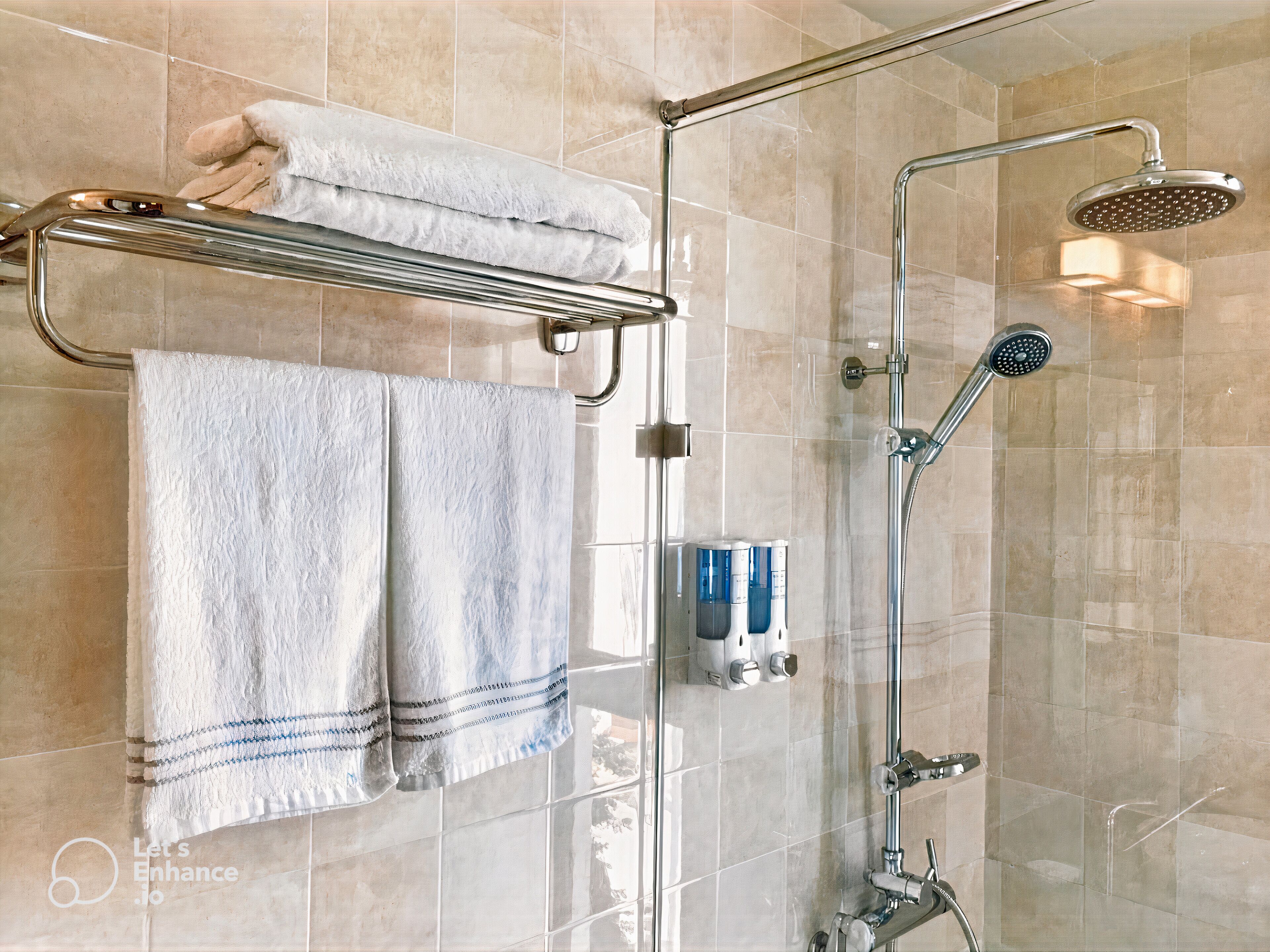 shower, hydromassage showerhead, free toiletries, hair dryer