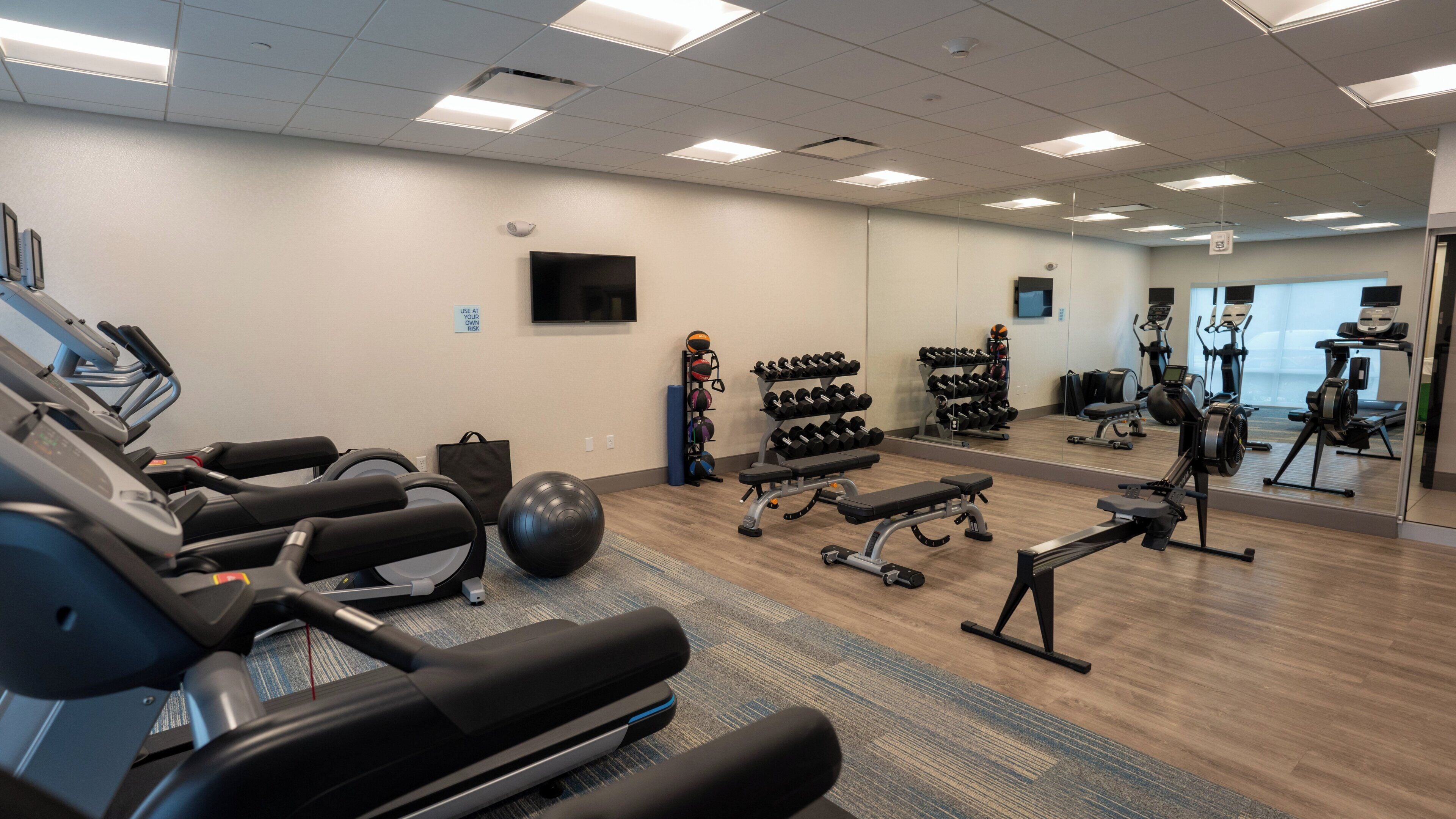 A gym with treadmills, dumbbells, and exercise balls.