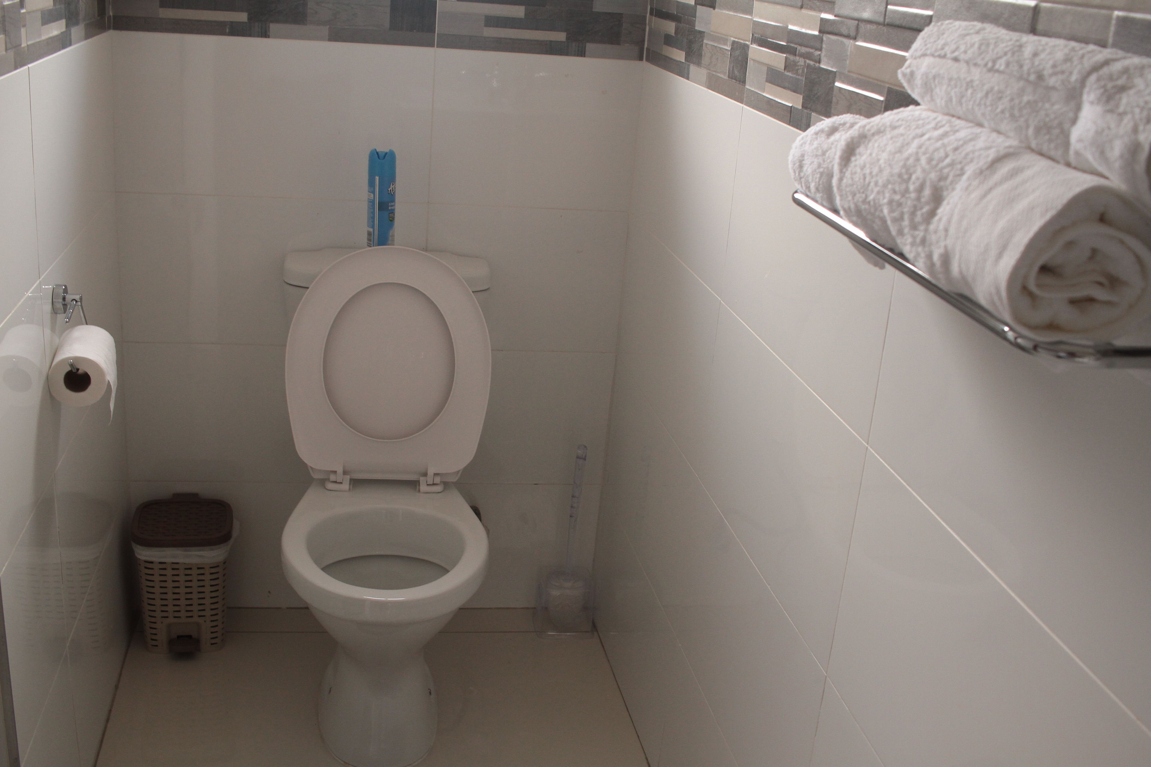 Un baño pequeño con inodoro, un rollo de papel higiénico, un cesto de basura y un perchero con toallas.