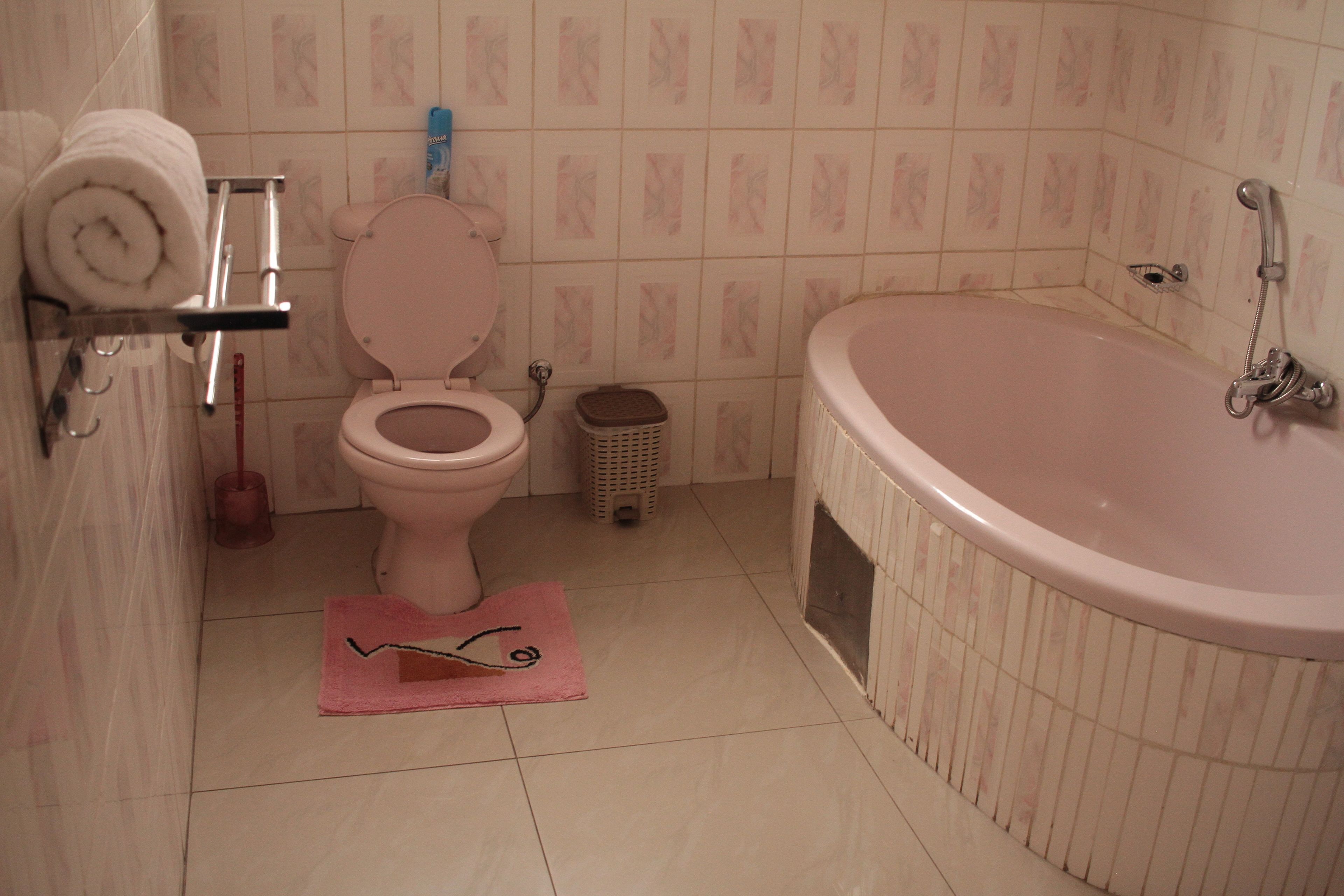 Une salle de bain avec des toilettes, une baignoire rose et une petite poubelle.