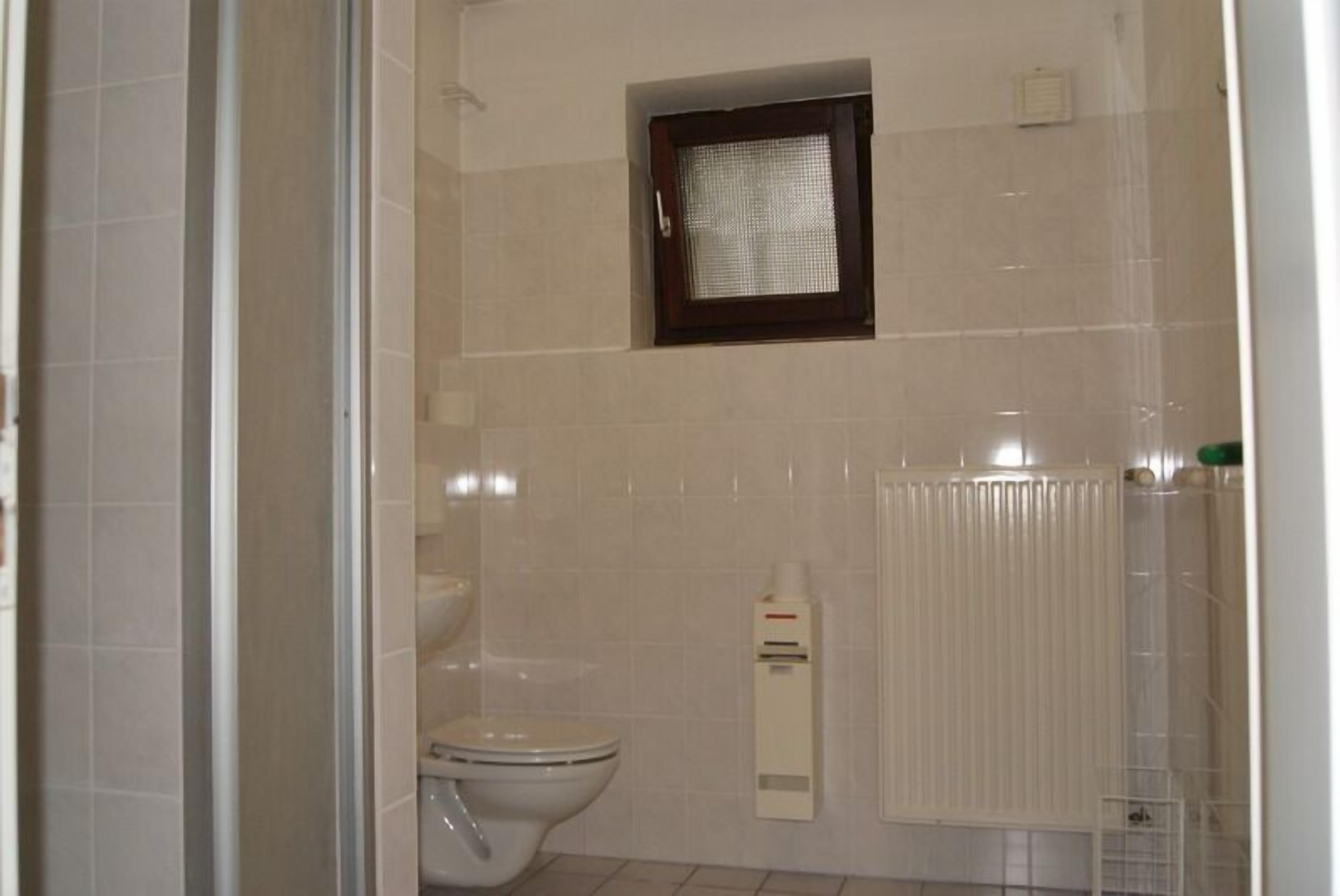 A bathroom with a toilet, a window, and a radiator.