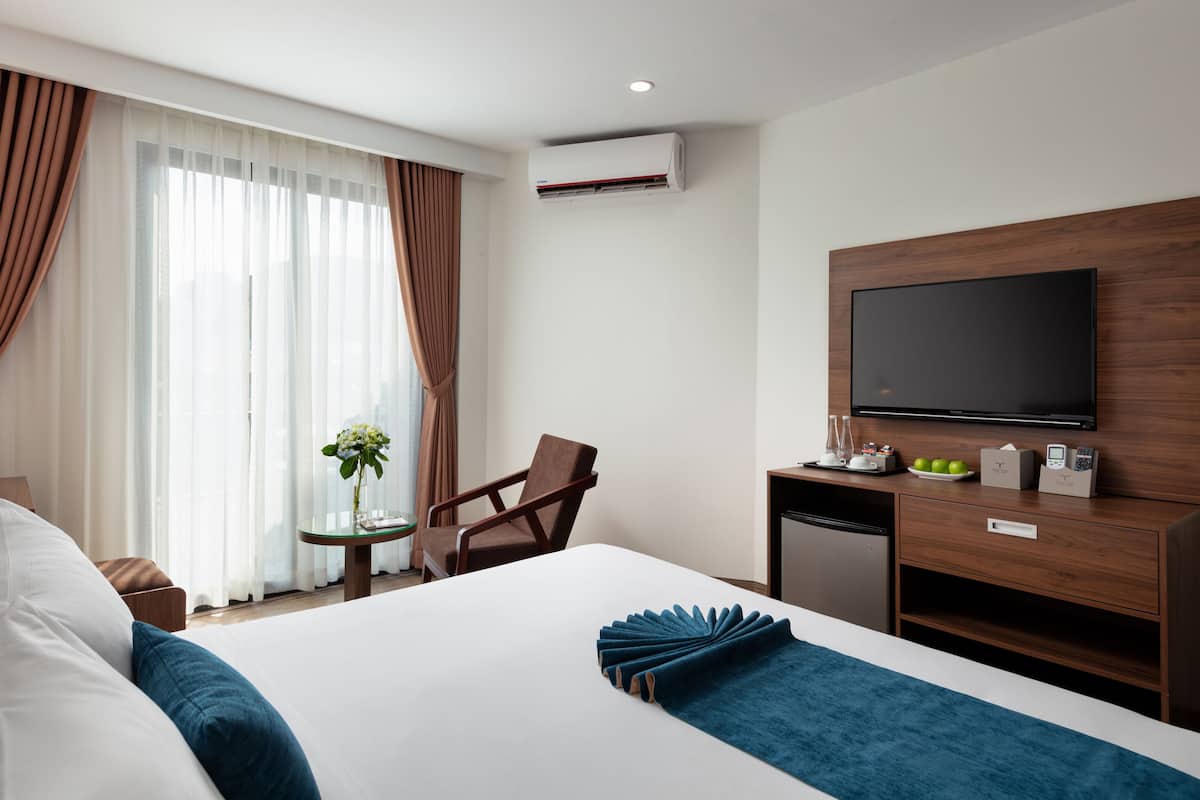 Habitación de hotel con cama, escritorio con televisor de pantalla plana, una silla, una mesita con un jarrón de flores y un equipo de aire acondicionado.