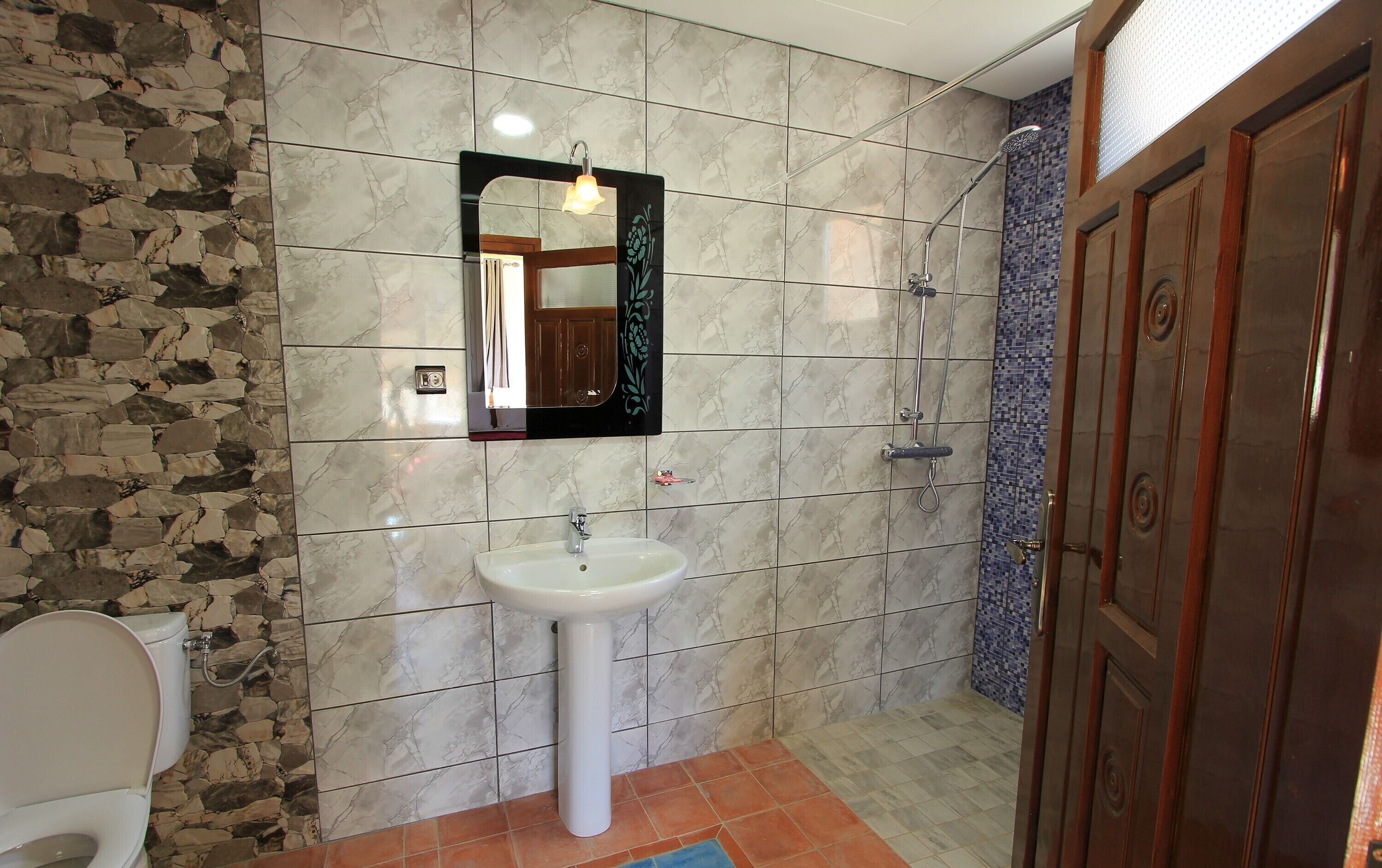 Shower, rainfall showerhead, hair dryer, bathrobes