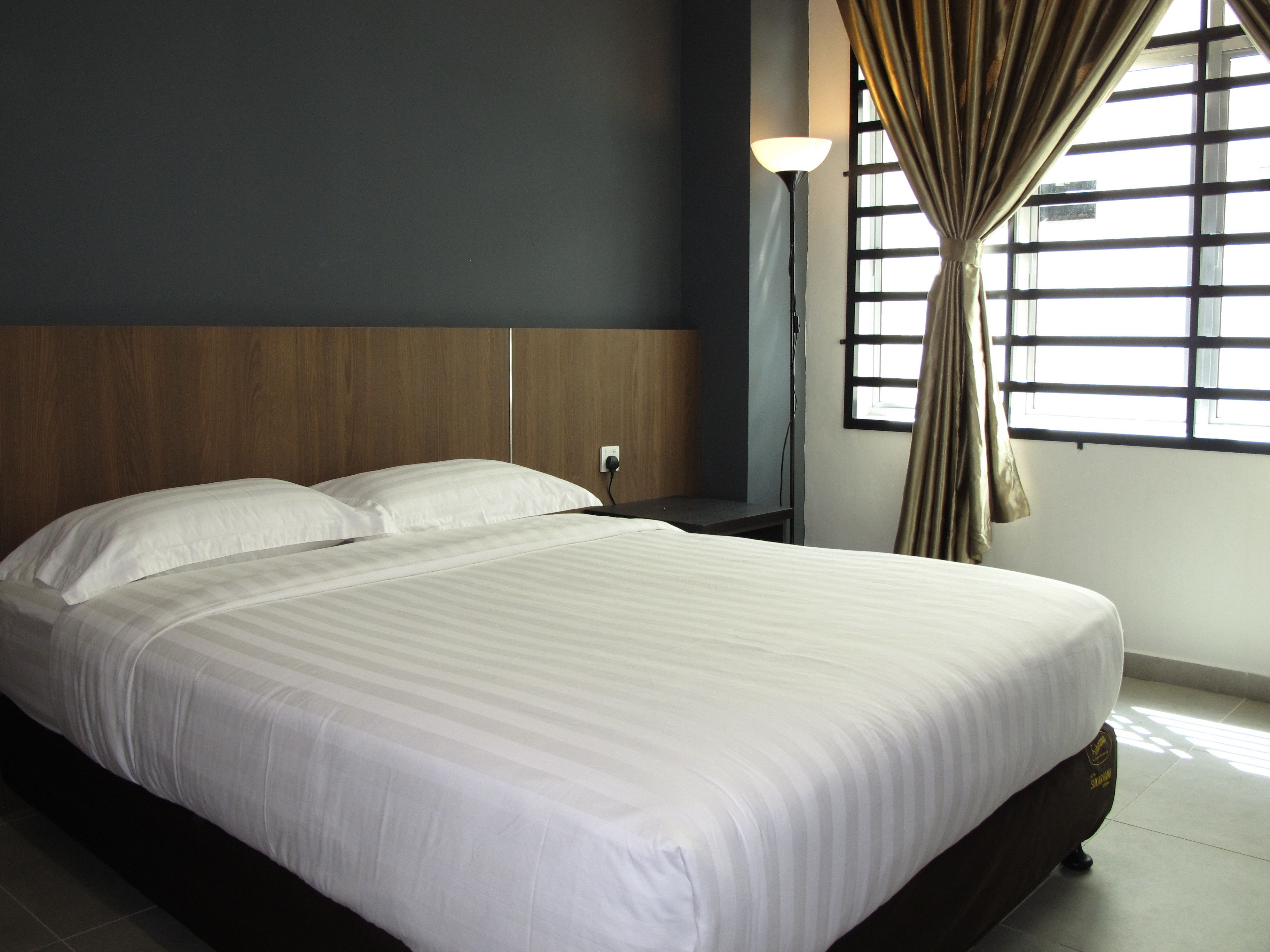 Desk, laptop workspace, blackout curtains, iron/ironing board