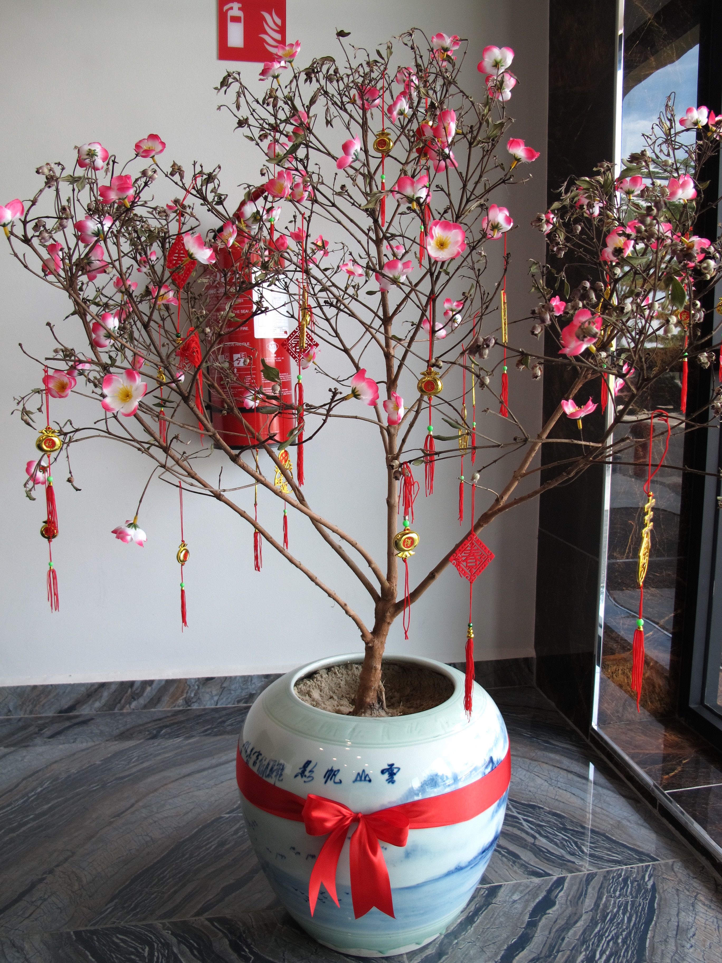 Un árbol en maceta con flores rosadas y adornos rojos, sobre un suelo de mármol.