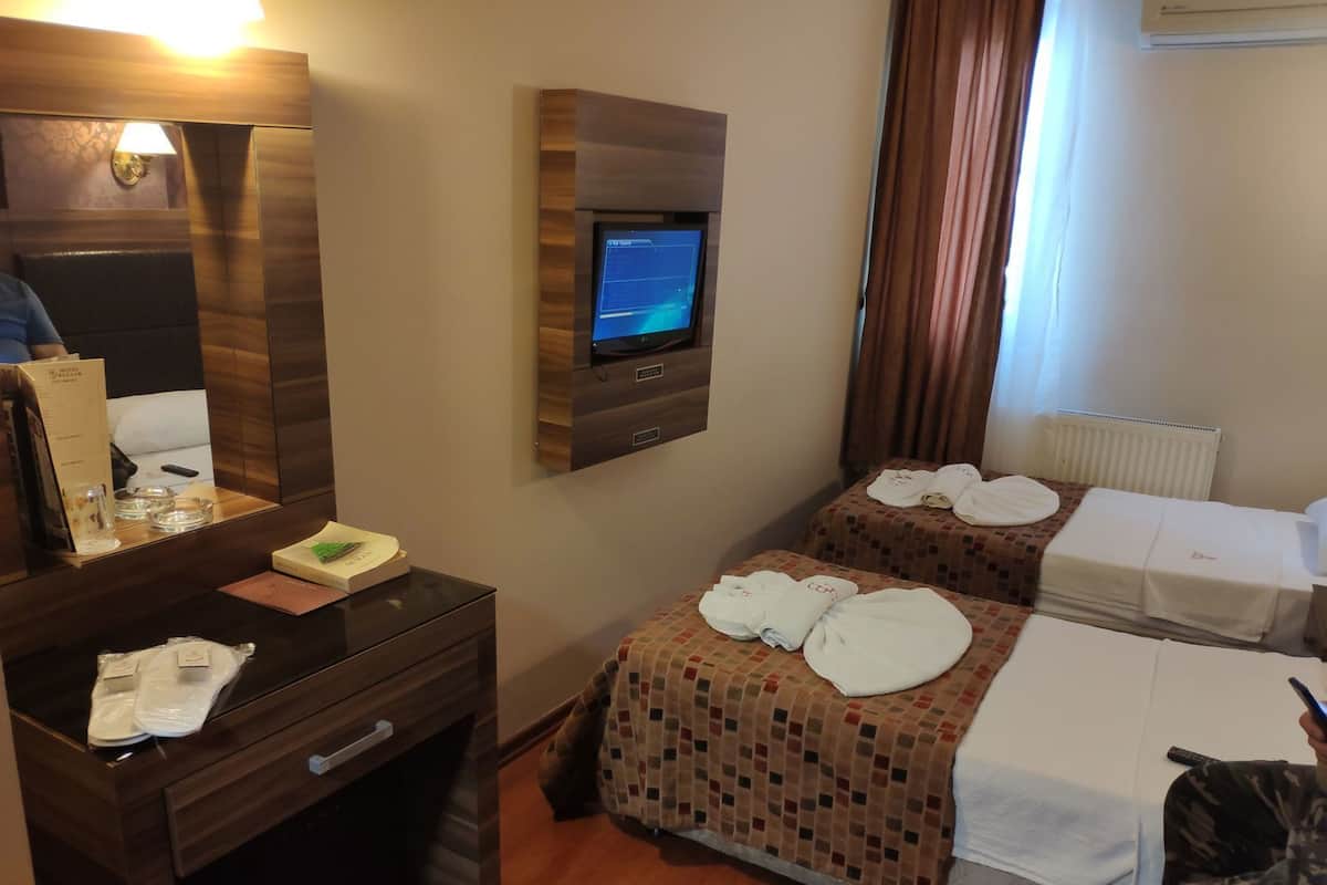 A hotel room with a TV, two beds, a desk with a mirror, and a window with curtains.
