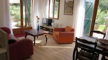 Télévision, lecteur de DVD, table de tennis de table, livres
