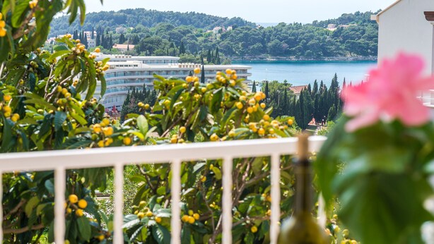 A balcony with a view of a coastal area, including a building with a curved facade and a body of water. - Rooms Villa Bind (Konavle)