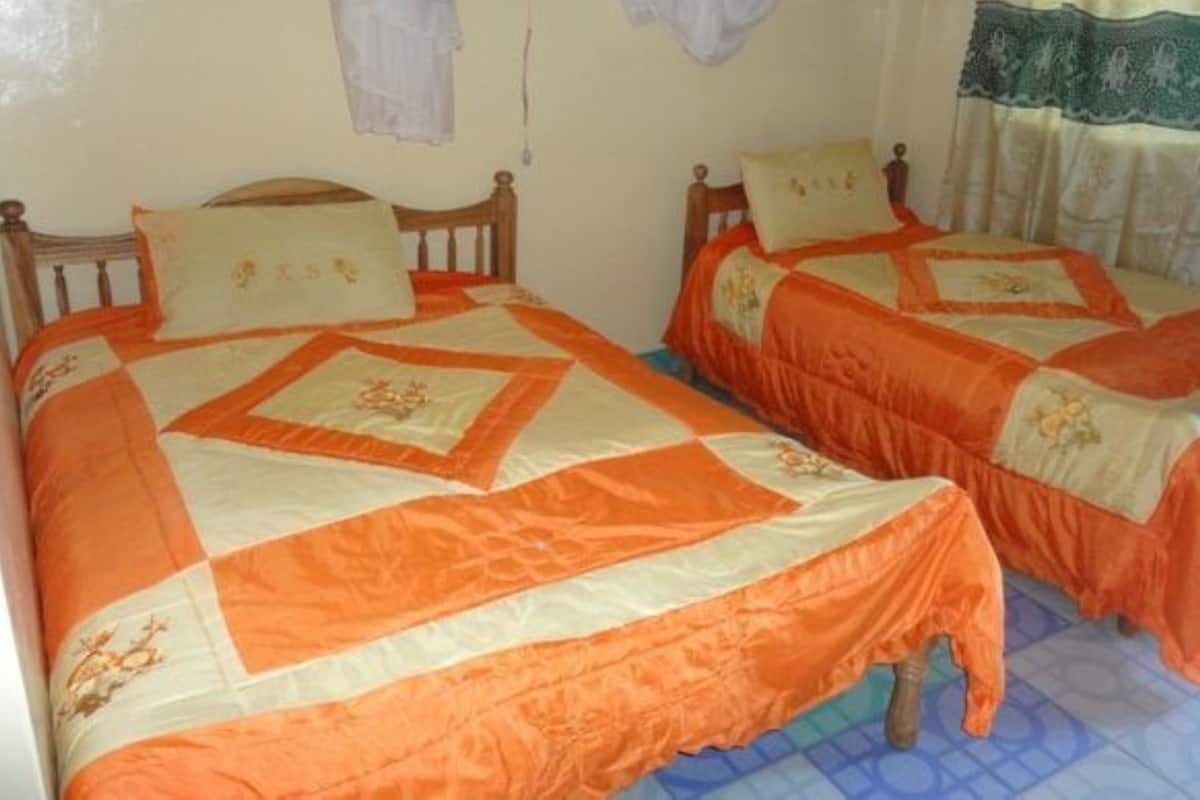 Two single beds with matching headboards and footboards, a wooden floor, and a window with a curtain.