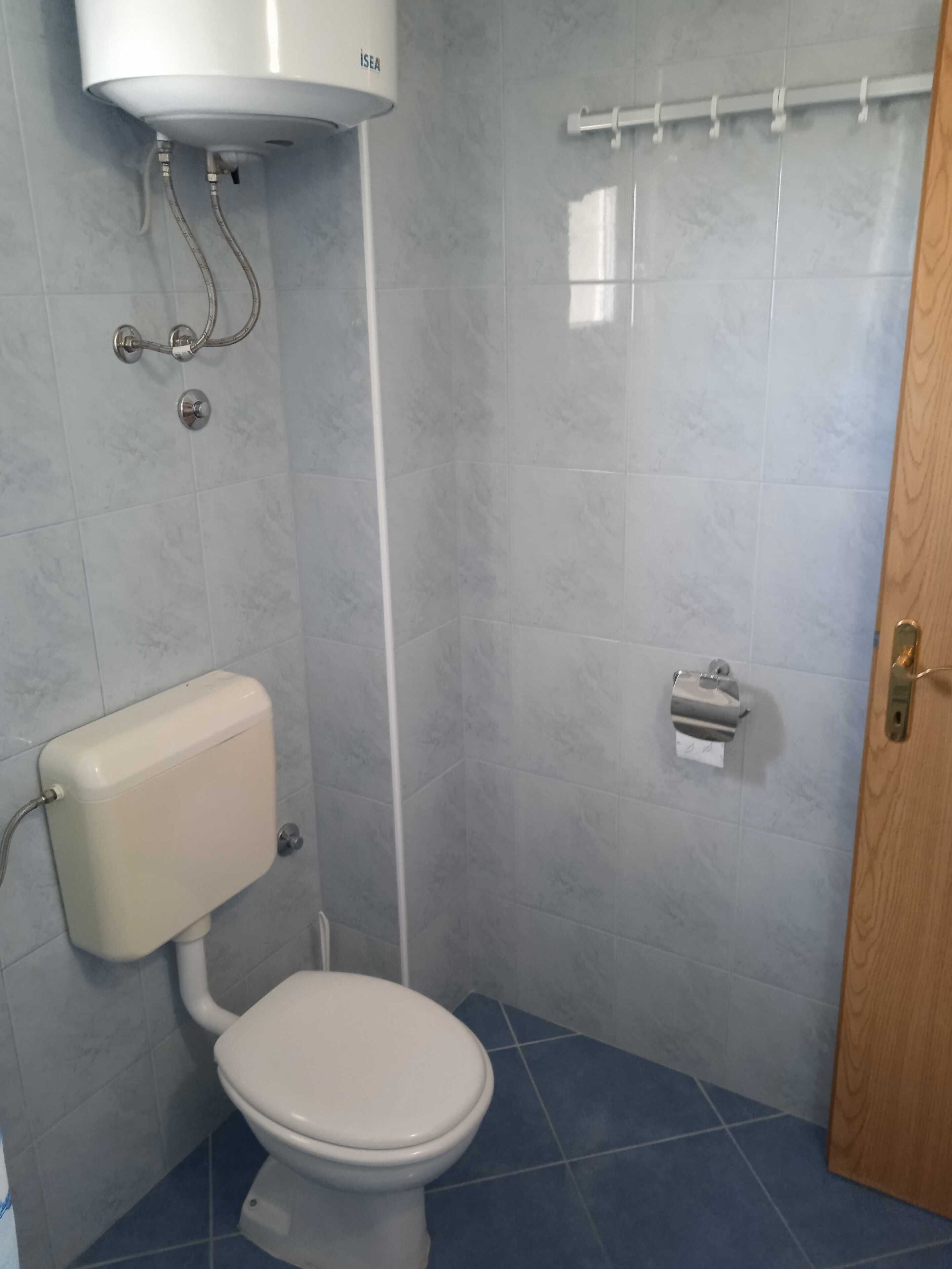 Une salle de bain équipée de toilettes, d’un porte-rouleau de papier toilette fixé au mur et d’une pomme de douche.