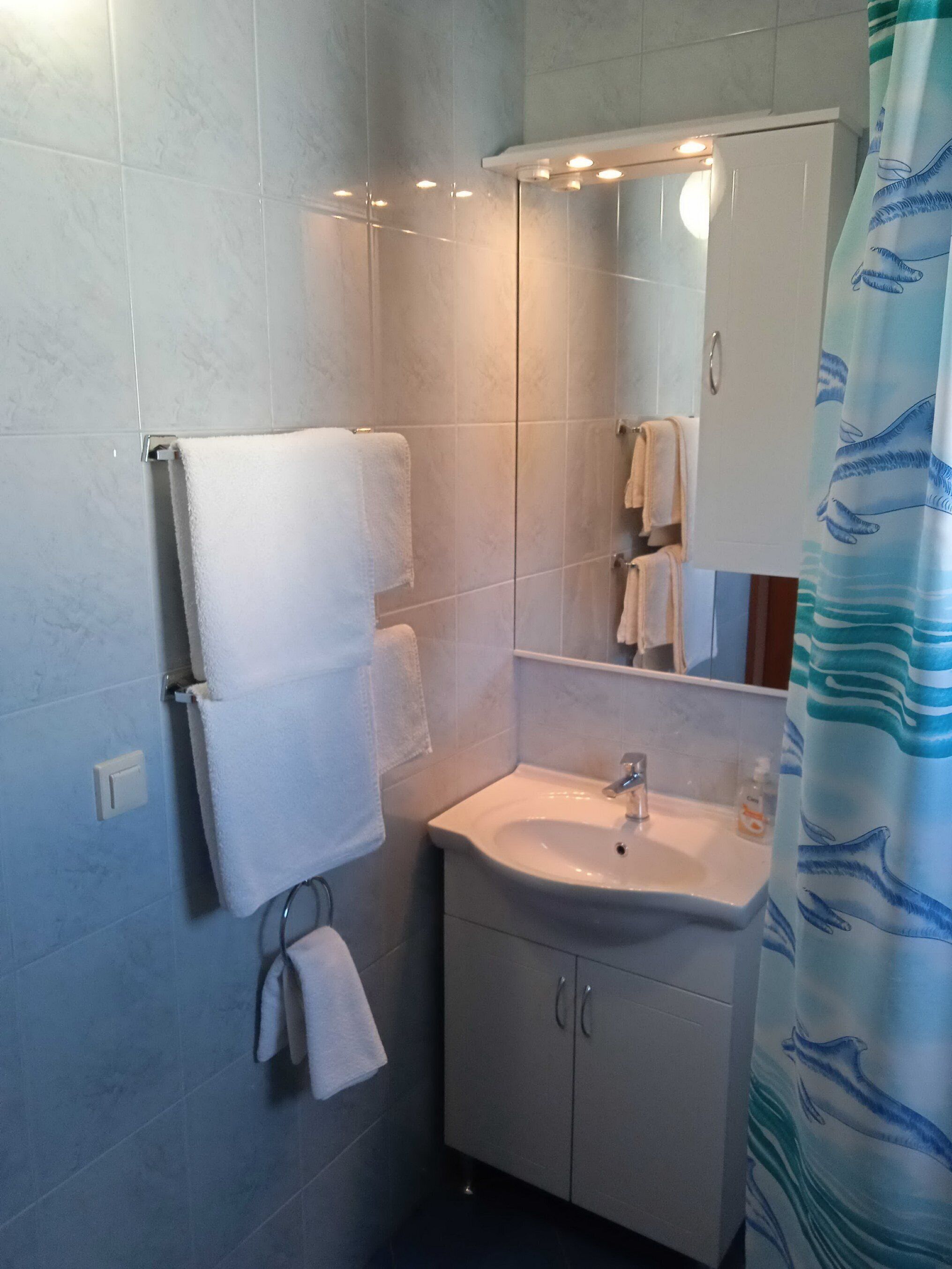 A bathroom with a sink, mirror, and towel rack.