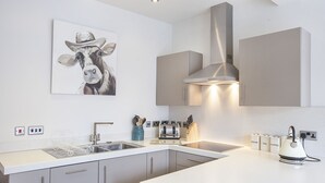 Una cocina moderna con pileta, estufa y extractor de aire.