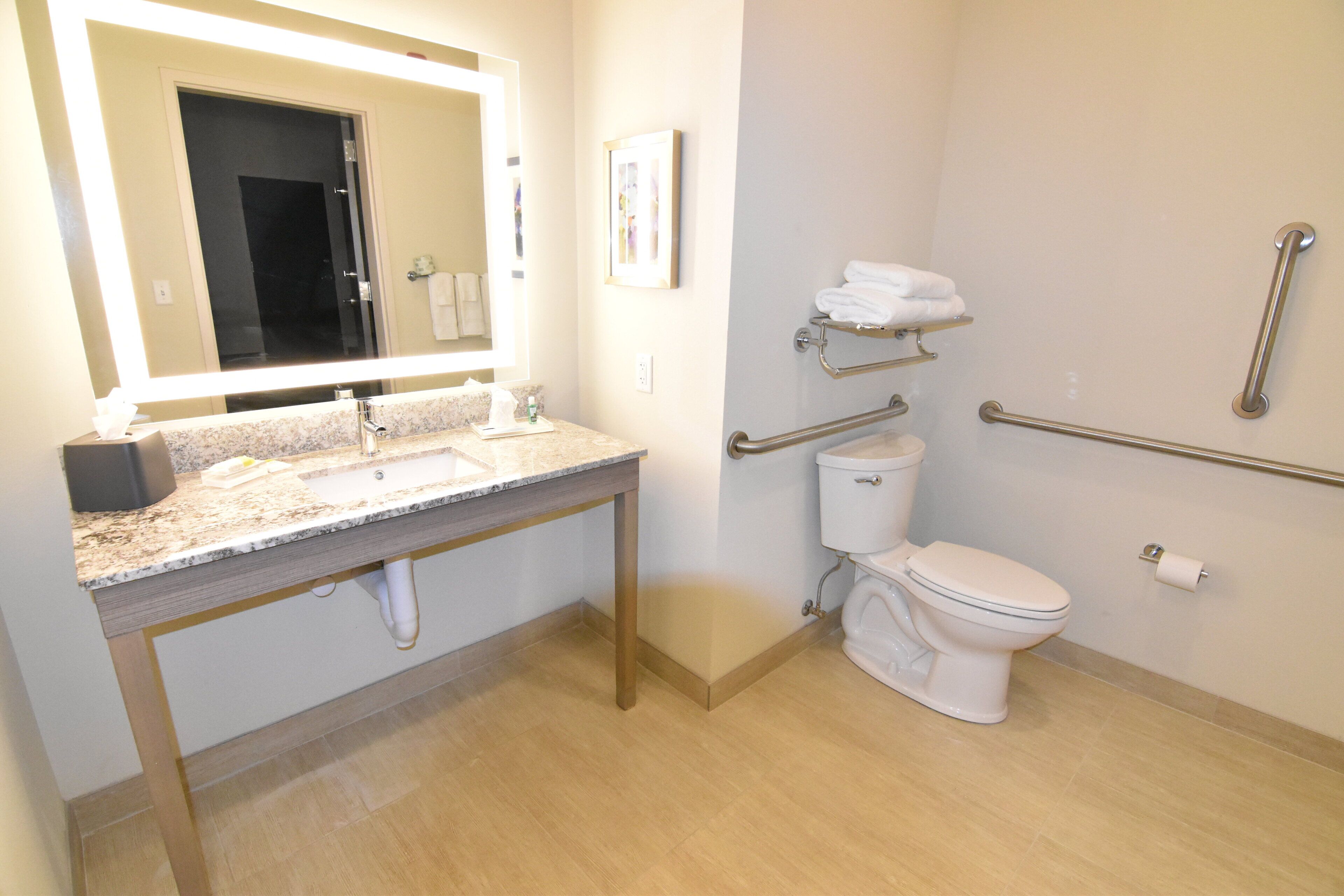 Un baño moderno con lavamanos, espejo, inodoro y barras de apoyo.
